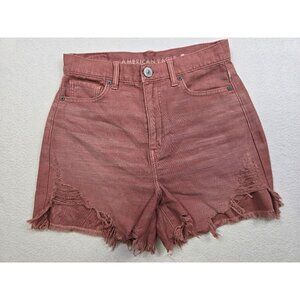 American Eagle Highest Rise Mom Shorts Size 0 Mauve Denim Frayed Hem Dusty Red